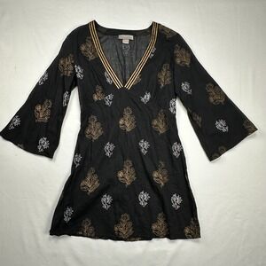 Peppermint Bay Black Gold Floral Cotton Bell Sleeve V-Neck‎ Swim Cover Up Small